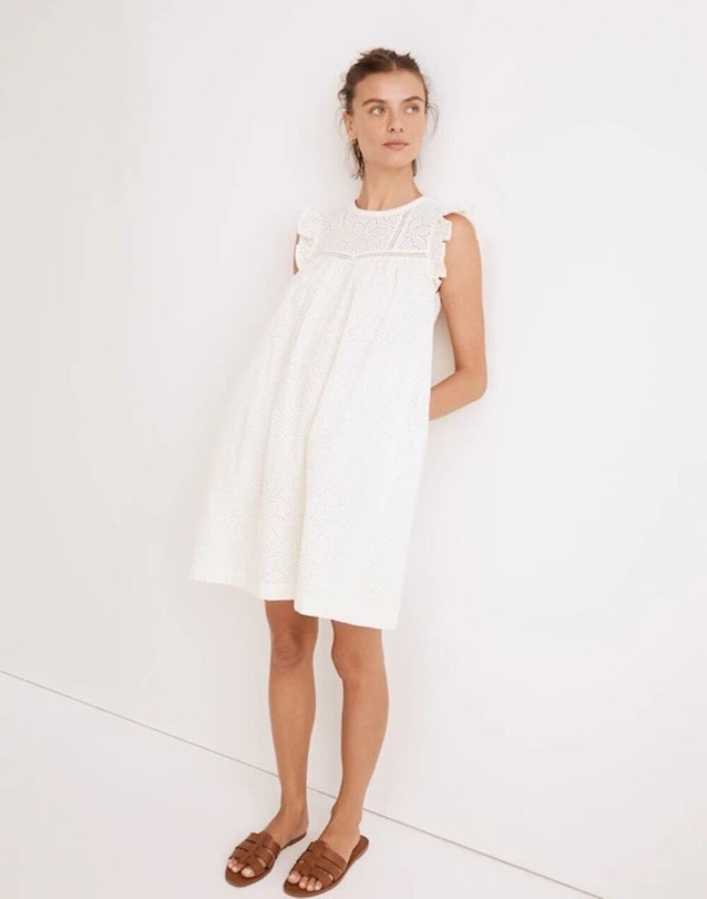Madewell Women’s Ivory Eyelet Ruffle-Sleeve Shift Mini Dress Size M